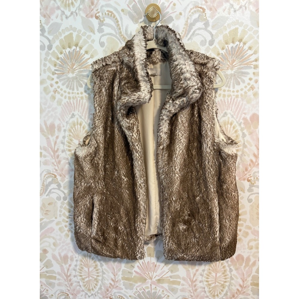 LOFT Brown Cream Frosted Faux Fur Vest Open Front Pockets | Size Medium